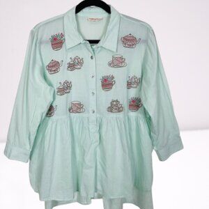 Bombay Paisley Women Cotton Tea Cup Embroidered Folk Art Babydoll Blouse Size L
